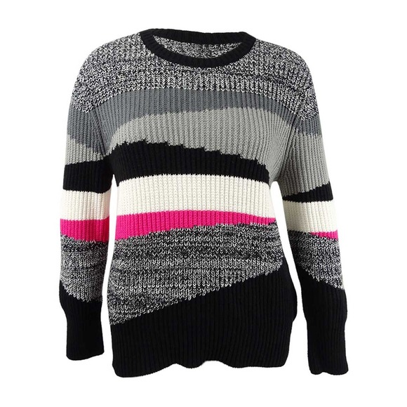 Dkny Sweaters - DKNY Black Grey Pink Geometric Print Oversized Crewneck Cotton Blend Sweater Med
